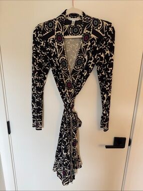Black & Cream Printed Wrap Dress with Accent Medallions